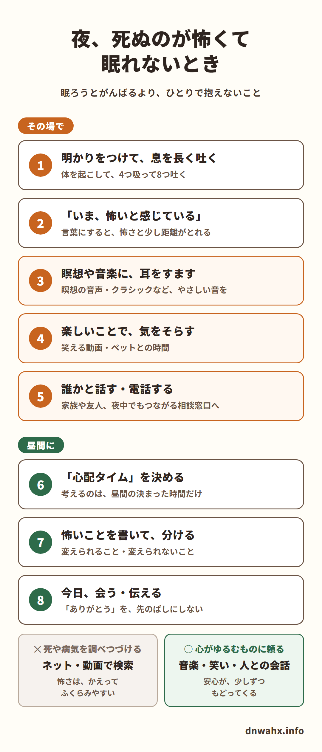 夜、死ぬのが怖くて眠れないとき（眠ろうとがんばるより、ひとりで抱えないこと）。その場で：1 明かりをつけて、息を長く吐く（体を起こして、4つ吸って8つ吐く）　2 「いま、怖いと感じている」（言葉にすると、怖さと少し距離がとれる）　3 瞑想や音楽に、耳をすます（瞑想の音声・クラシックなど、やさしい音を）　4 楽しいことで、気をそらす（笑える動画・ペットとの時間）　5 誰かと話す・電話する（家族や友人、夜中でもつながる相談窓口へ）。昼間に：6 「心配タイム」を決める（考えるのは、昼間の決まった時間だけ）　7 怖いことを書いて、分ける（変えられること・変えられないこと）　8 今日、会う・伝える（「ありがとう」を、先のばしにしない）。死や病気を調べつづける（ネット・動画で検索）と、怖さはかえってふくらみやすい。心がゆるむものに頼る（音楽・笑い・人との会話）と、安心が少しずつもどってくる