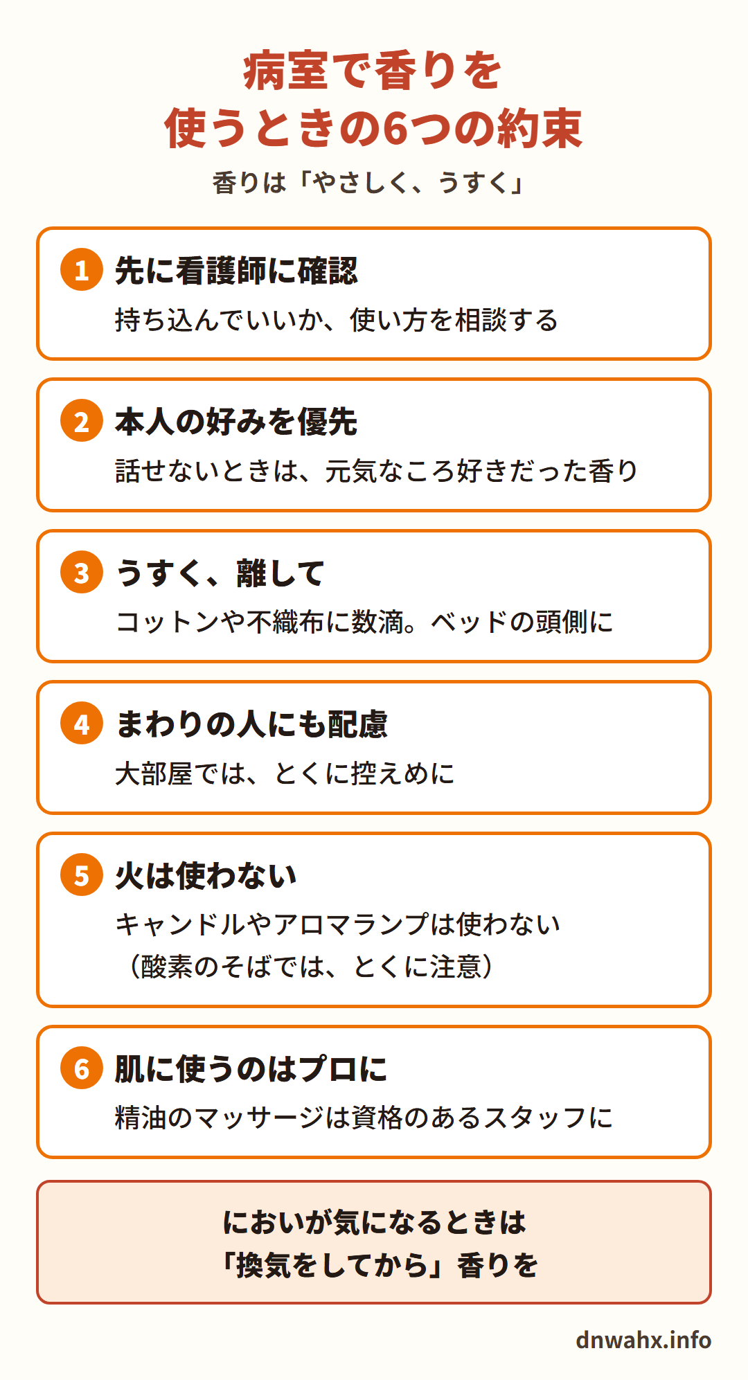 病室で香りを使うときの6つの約束(香りは「やさしく、うすく」) 1 先に看護師に確認(持ち込んでいいか、使い方を相談する) 2 本人の好みを優先(話せないときは、元気なころ好きだった香り) 3 うすく、離して(コットンや不織布に数滴、ベッドの頭側に) 4 まわりの人にも配慮(大部屋では、とくに控えめに) 5 火は使わない(キャンドルやアロマランプは使わない、酸素のそばでは、とくに注意) 6 肌に使うのはプロに(精油のマッサージは資格のあるスタッフに)。においが気になるときは「換気をしてから」香りを