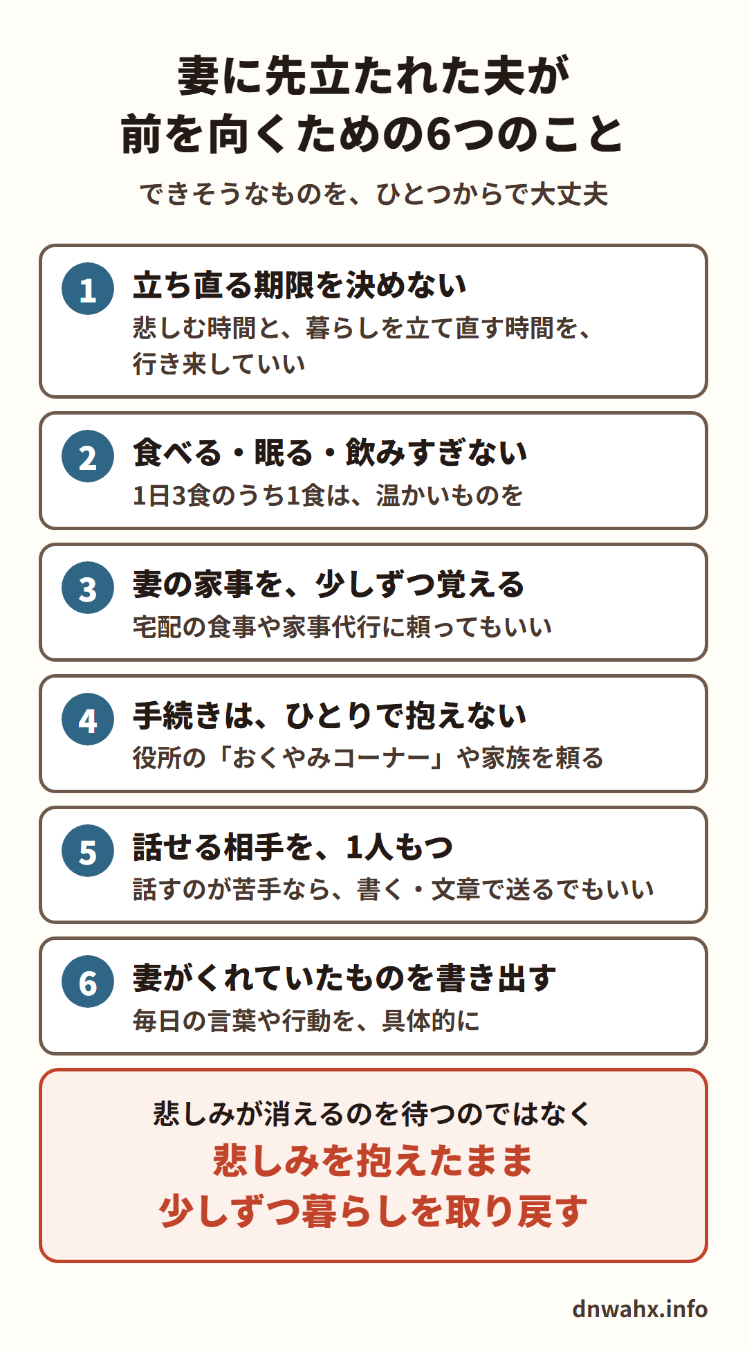 妻に先立たれた夫が前を向くための6つのこと。1 立ち直る期限を決めない(悲しむ時間と、暮らしを立て直す時間を、行き来していい) 2 食べる・眠る・飲みすぎない(1日3食のうち1食は、温かいものを) 3 妻の家事を、少しずつ覚える(宅配の食事や家事代行に頼ってもいい) 4 手続きは、ひとりで抱えない(役所の「おくやみコーナー」や家族を頼る) 5 話せる相手を、1人もつ(話すのが苦手なら、書く・文章で送るでもいい) 6 妻がくれていたものを書き出す(毎日の言葉や行動を、具体的に)。悲しみが消えるのを待つのではなく、悲しみを抱えたまま少しずつ暮らしを取り戻す