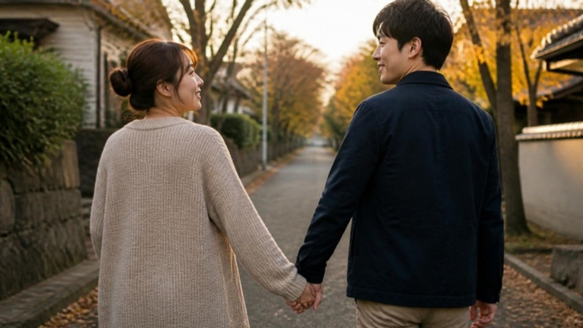 秋の並木道を、手を繋いで歩く30代の夫婦の後ろ姿