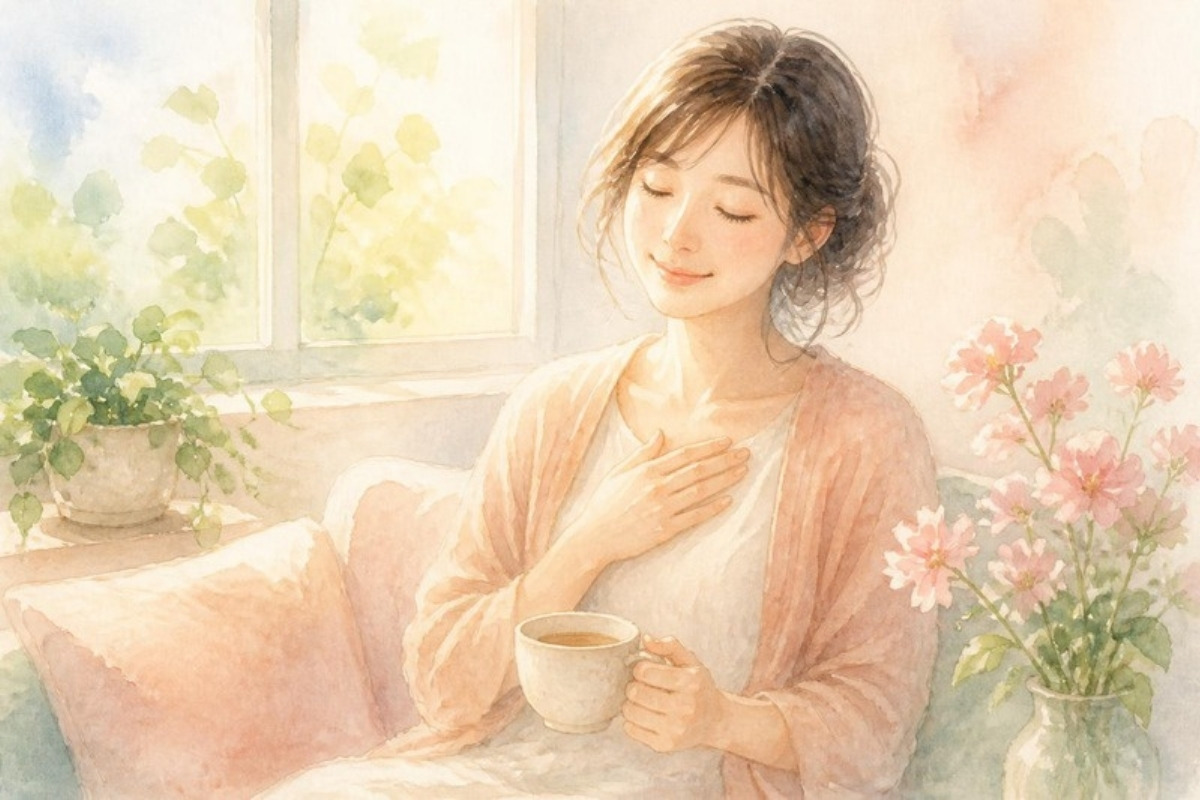 朝の光が差す窓辺で、胸にそっと手を当て、温かいお茶を手に穏やかにほほえむ女性の水彩イラスト