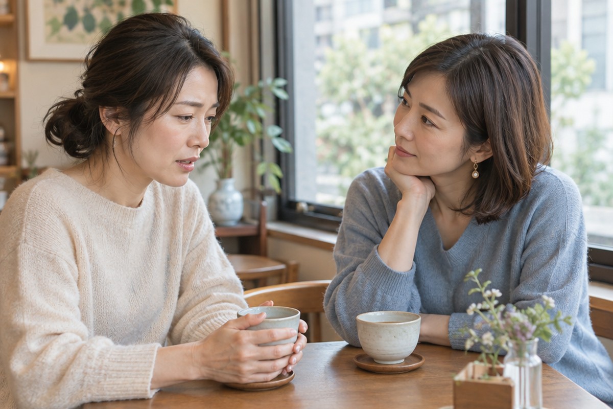 カフェで、娘さんのことを話す友人の話にじっと耳を傾ける女性