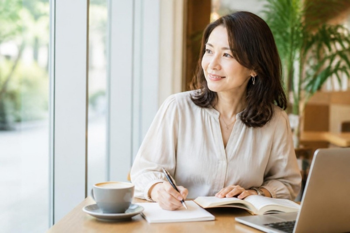 休日の朝、カフェで資格の勉強をするおしゃれな女性