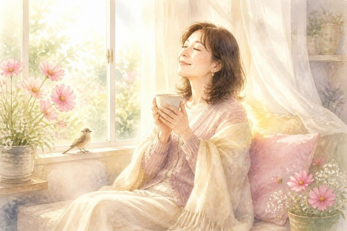 窓辺でお茶を手に、肩の力が抜けてほっとひと息つく女性の水彩イラスト