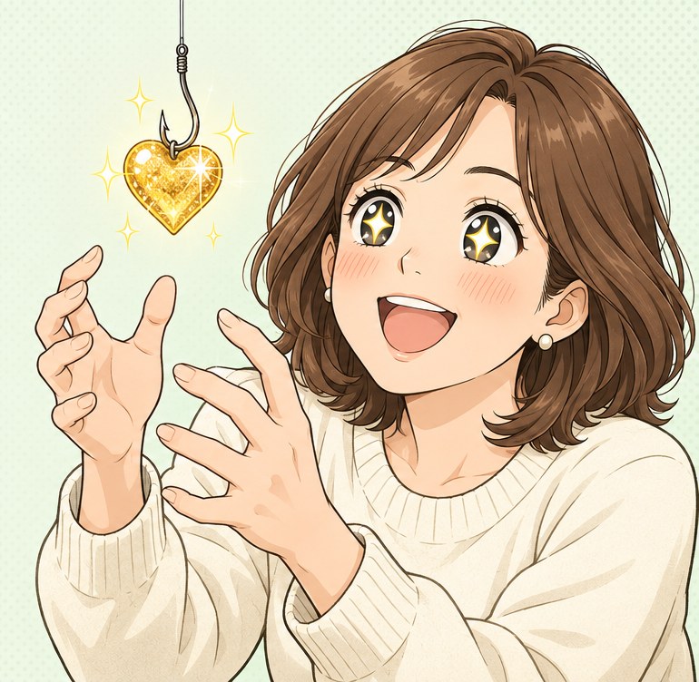 釣り針についた金色のハートに、目を輝かせて手をのばす女性のイラスト
