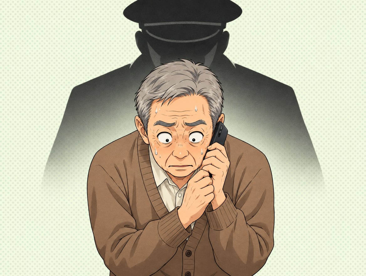 制帽をかぶった大きな影の前で、スマホを耳に当てて冷や汗をかく60代の男性のイラスト