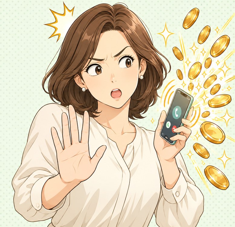コインがあふれ出るスマホを手に、「ちょっと待って」と手のひらを向ける女性のイラスト
