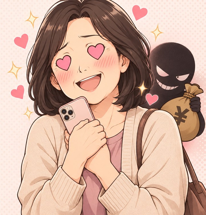スマホを抱きしめてハートの目になる女性と、その背後でお金の袋を持ってほくそ笑む影のイラスト