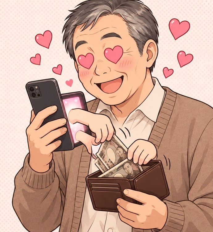 スマホを見てハートの目になる50代の男性の財布から、スマホから伸びた手がお札を抜き取るイラスト