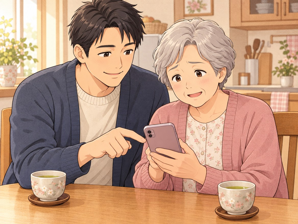 母親のスマホを、息子が隣でやさしく一緒に確かめるイラスト