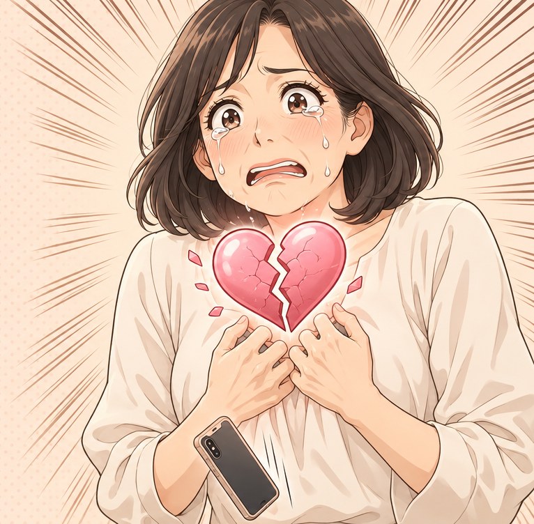 スマホを落とし、ひびの入ったハートを胸に涙ぐむ女性のイラスト