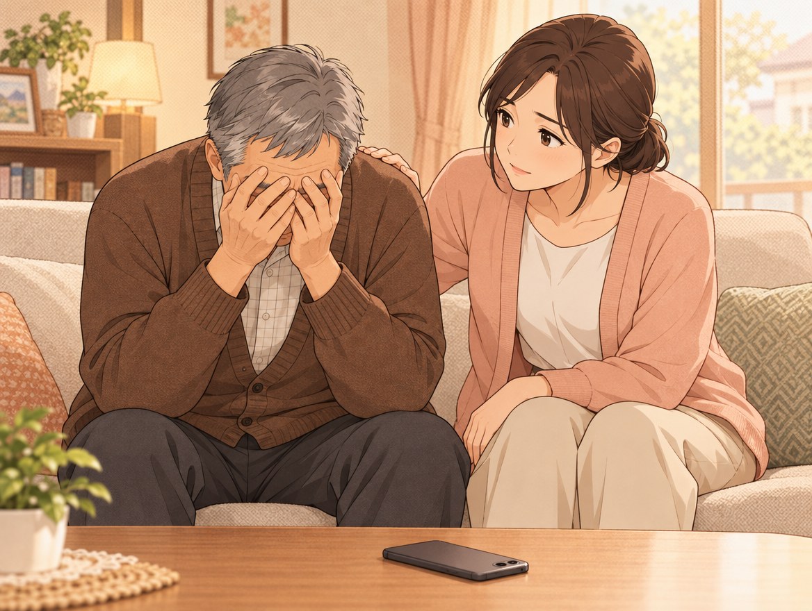 ソファで頭を抱える60代の男性に、娘がそっと肩に手を置いて寄りそうイラスト