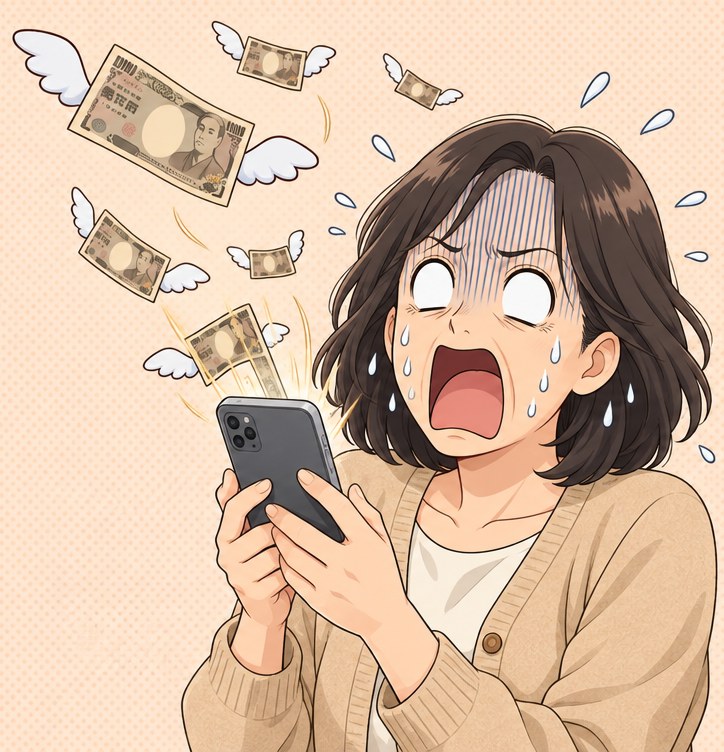 スマホを見て驚く女性のまわりから、羽の生えたお札が飛んでいくイラスト
