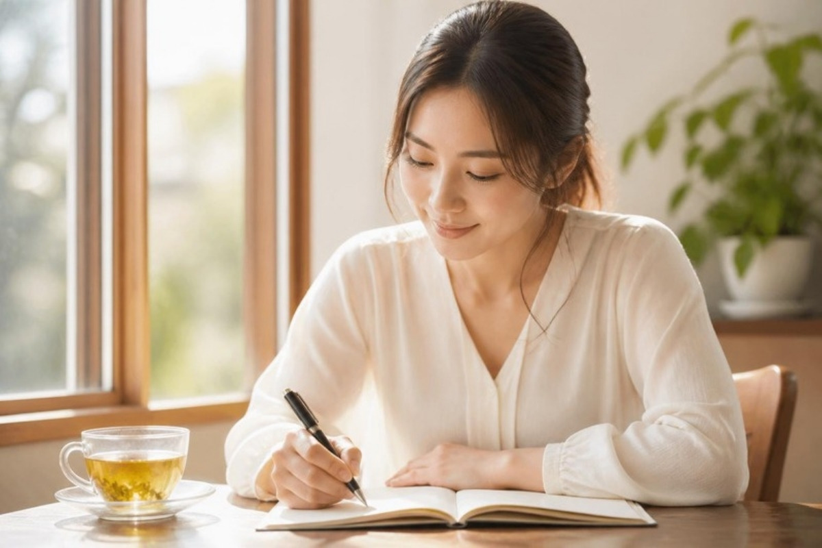 朝の窓辺で、ノートに気持ちを書き出す女性