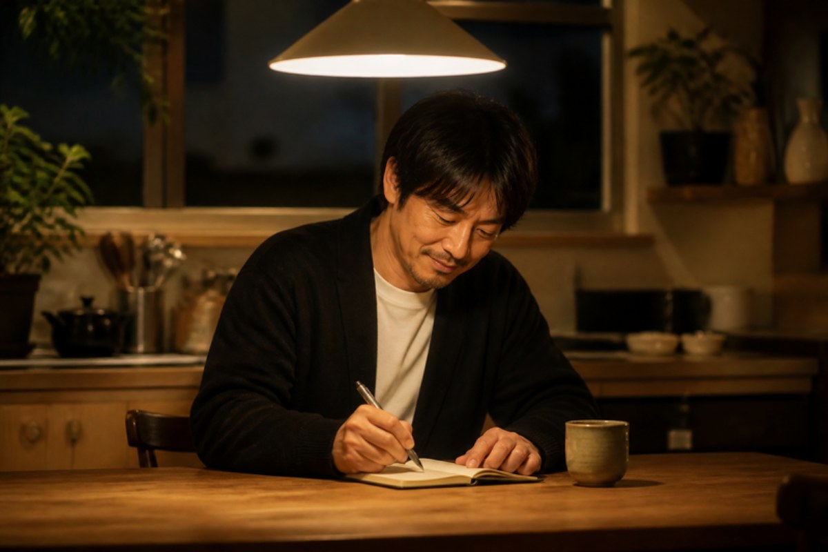 夜、キッチンのテーブルでランプの明かりの下、小さなノートに今日できたことを書きとめる男性の写真