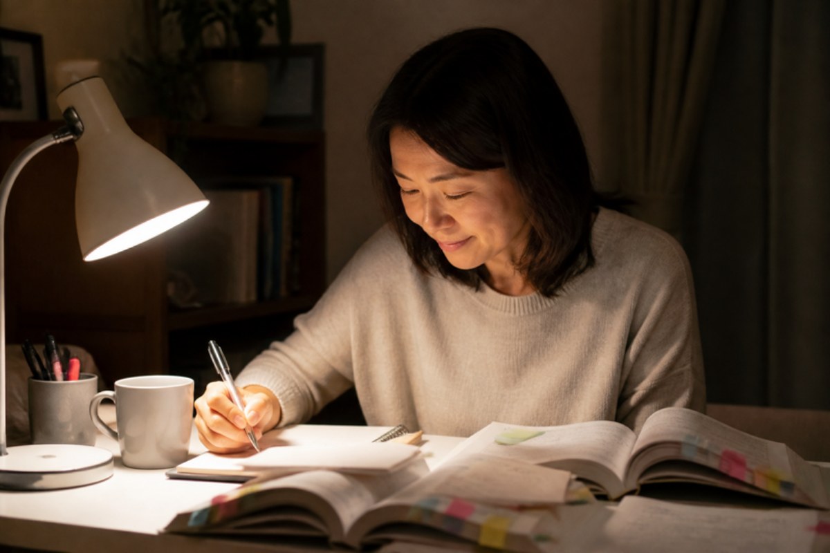 夜、デスクライトの下で、付せんをたくさん貼った看護の参考書を広げ、ノートに書きこみながら勉強する女性の写真