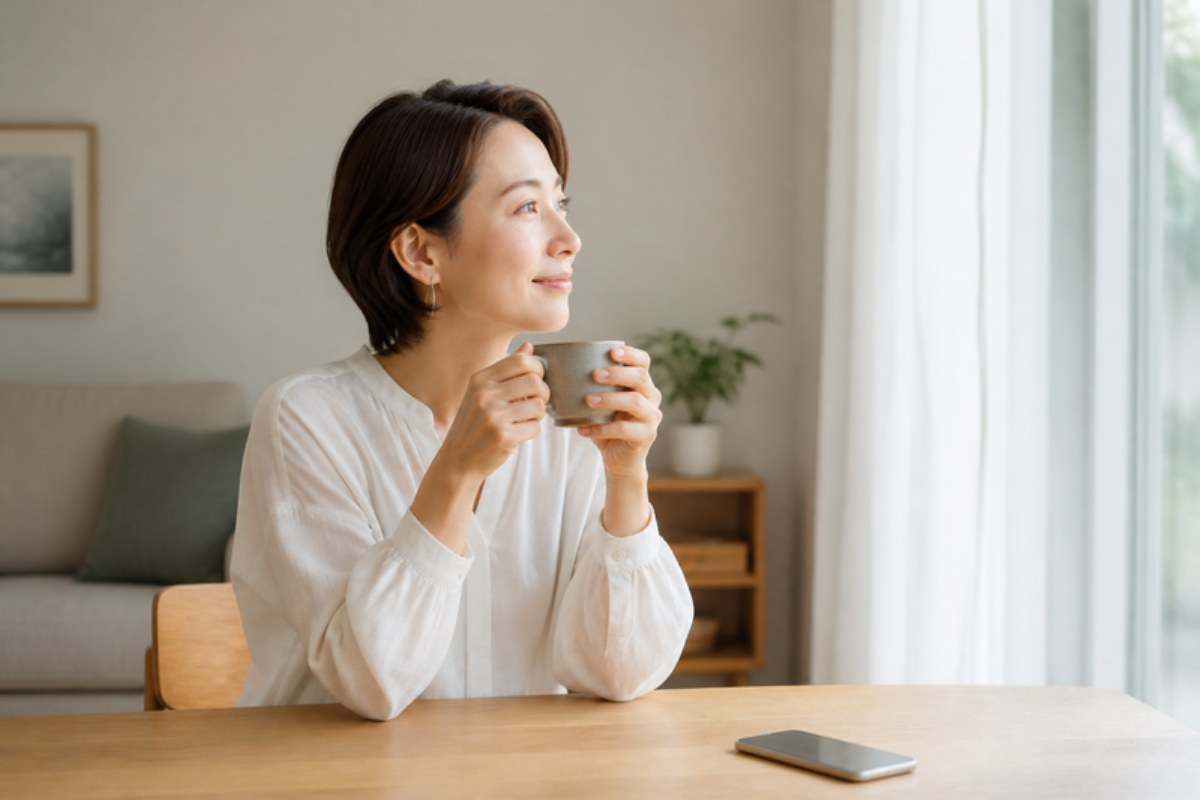 明るい窓辺のテーブルにスマホを伏せて置き、マグカップを両手に持って、ほっとした表情で窓の外を眺める女性の写真
