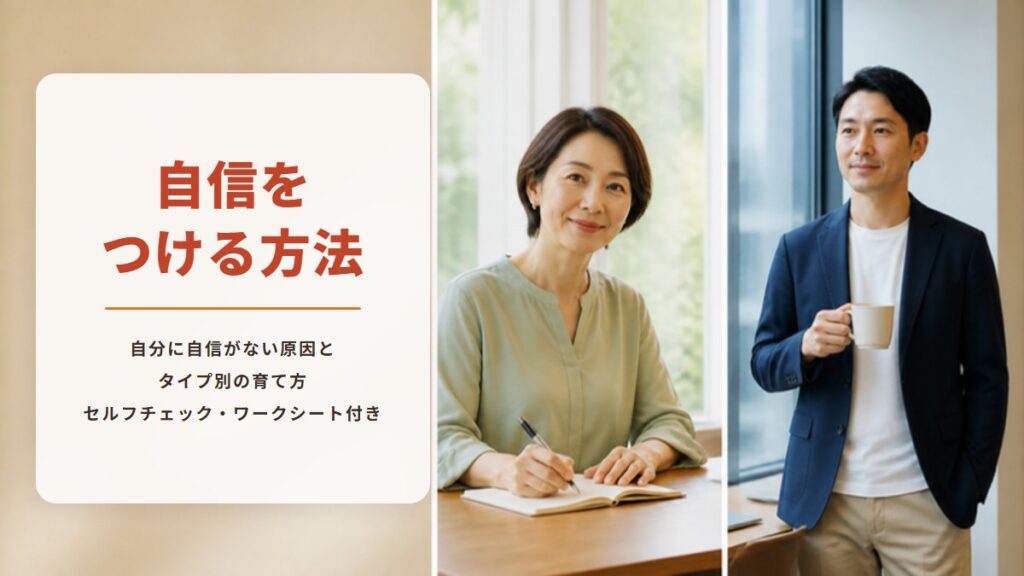 自信をつける方法　自分に自信がない原因と　タイプ別の育て方　セルフチェック・ワークシート付き（窓辺の机でノートに書く女性と、窓辺でコーヒーを手にほほえむ男性の写真）