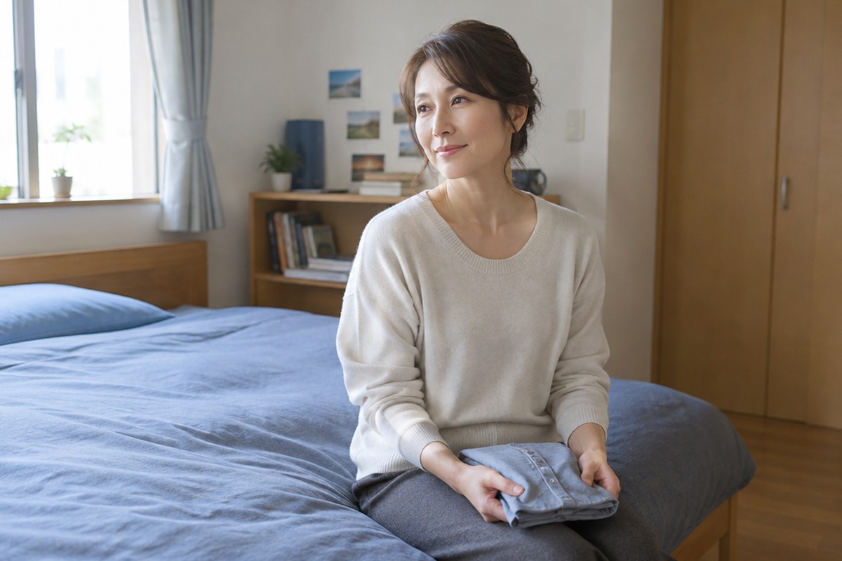 子どもが巣立った部屋のベッドに腰かけ、小さなシャツを手にやさしく微笑む女性