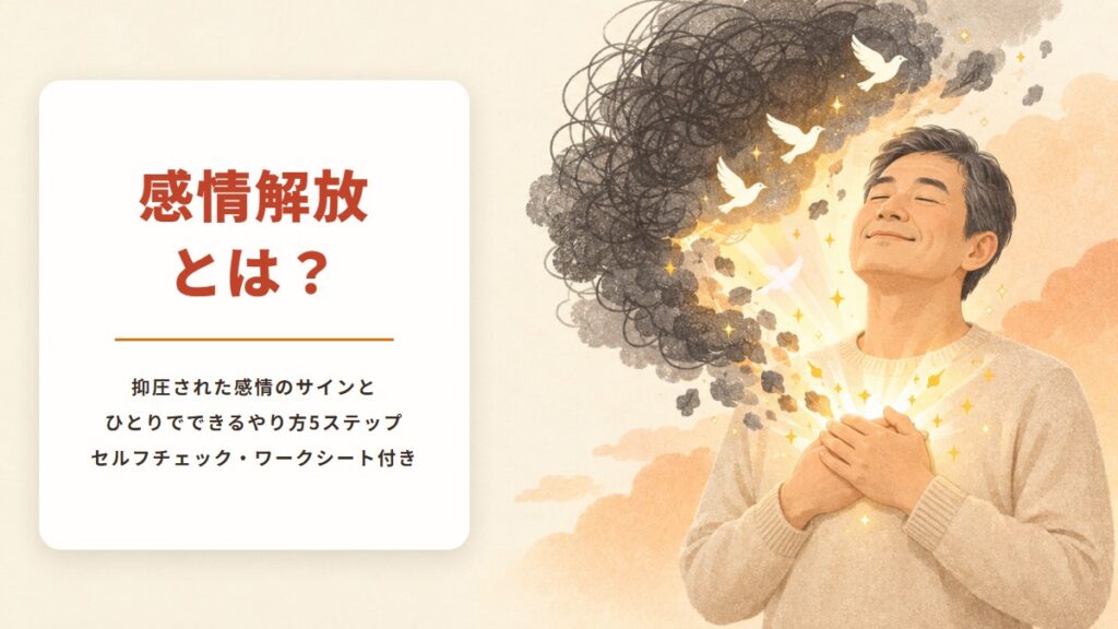 感情解放とは？抑圧された感情のサインと、ひとりでできるやり方5ステップ。セルフチェック・ワークシート付き。胸に手を当てて目を閉じ、ほほえむ男性。胸から光があふれ、もやもやした黒い雲がほどけて白い鳥が飛び立っていくイラスト
