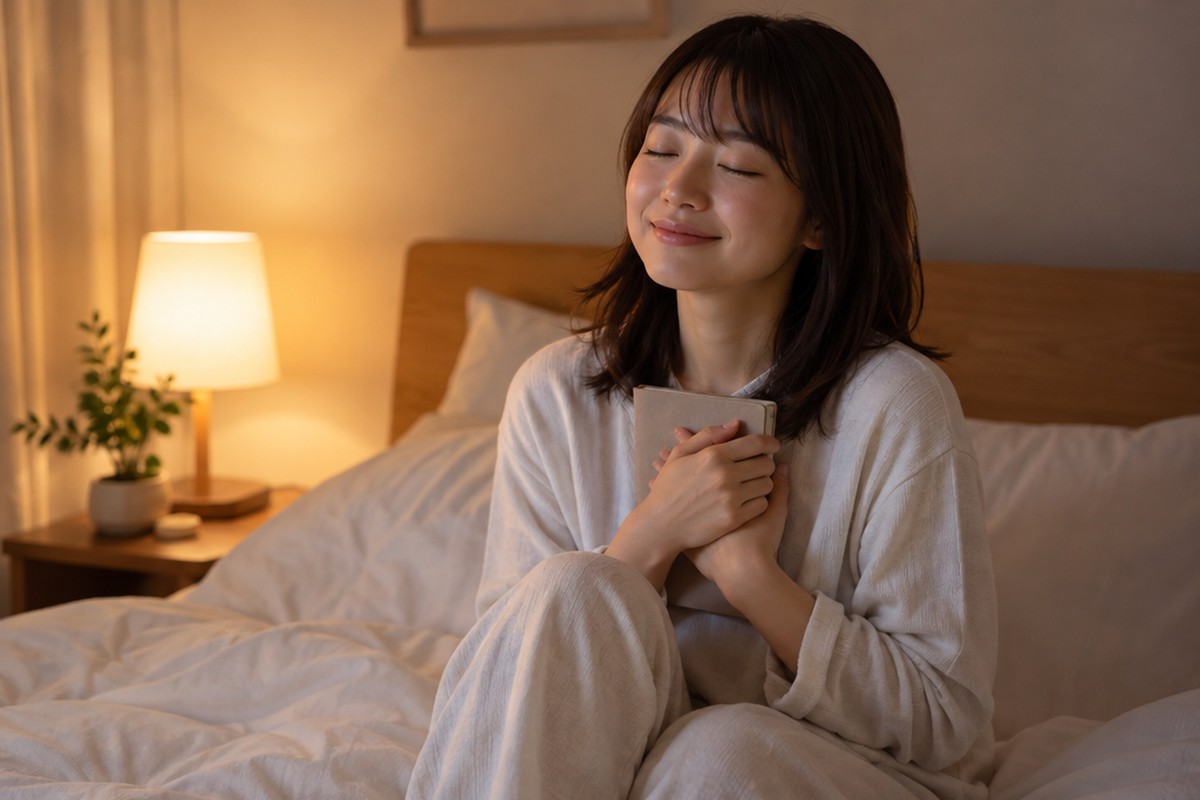 寝る前のベッドの上で、ノートを胸に抱いて目を閉じる女性