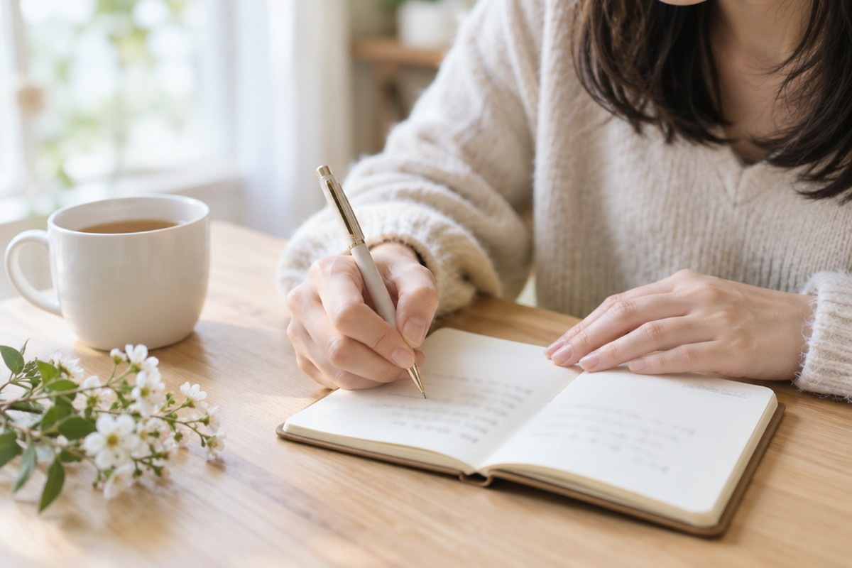 朝の窓辺で、紅茶を横に小さなノートに感謝日記を書く女性の手元