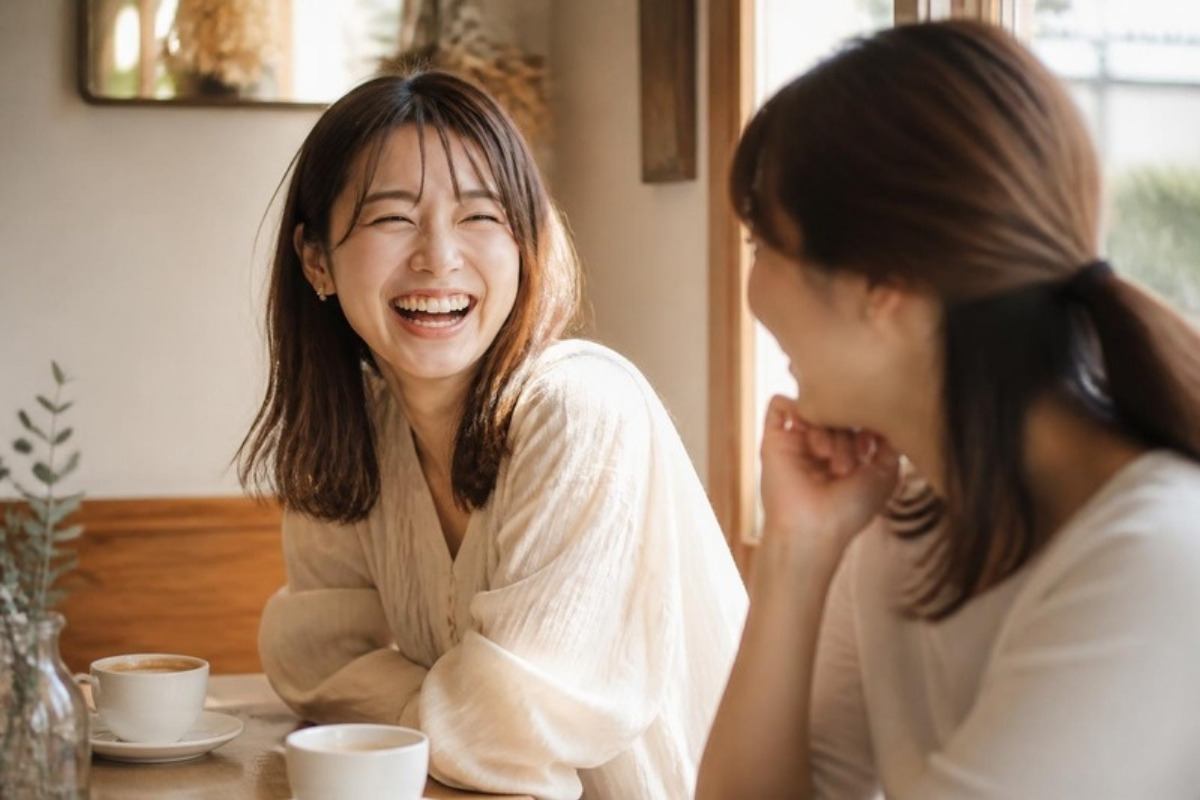 カフェの窓辺で、友だちと顔を見合わせて声を出して笑う30代の女性