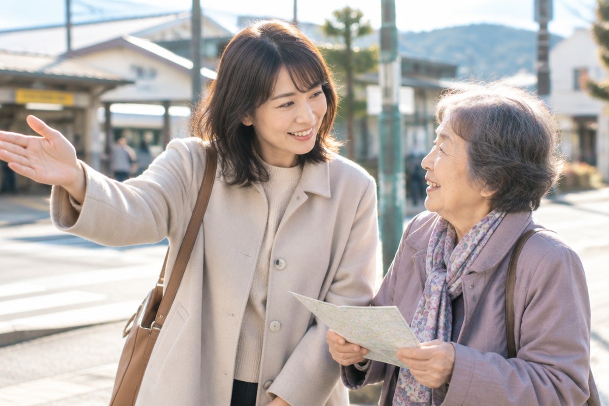 駅前で、地図を持った年配の女性にやさしい笑顔で道を教える丸顔の30代の女性