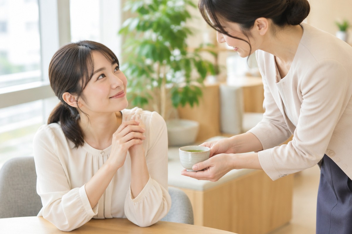 同僚が両手でていねいにお茶を差し出す姿を、笑顔で見つめる30代の女性