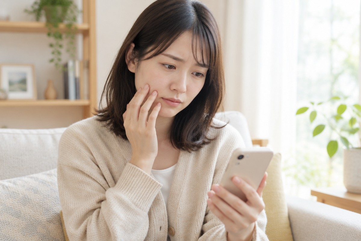 自宅の窓辺でスマホの写真を見て、頬に手を当てて顔を気にする30代の女性