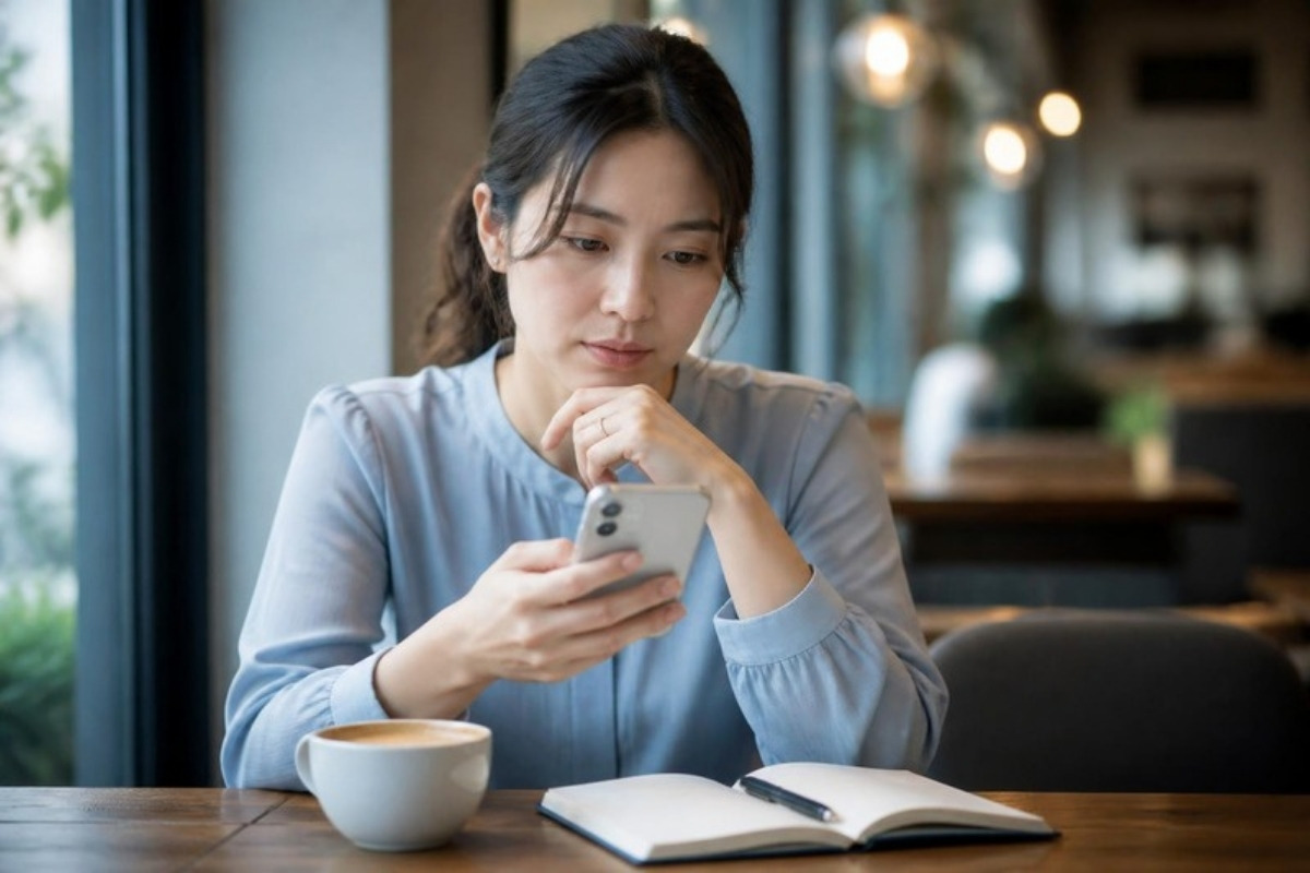 カフェの窓辺の席で、スマホを見つめて返信を迷う女性