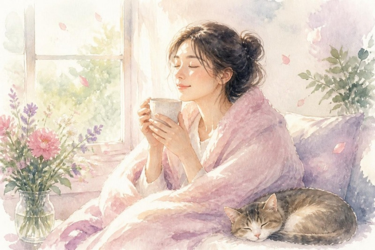 窓辺で毛布にくるまり、温かいお茶を飲んで心を休める女性と、そばで眠る猫の水彩イラスト