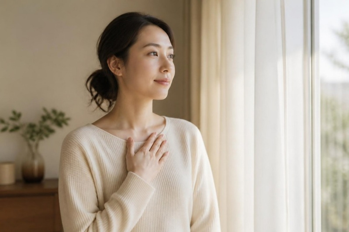 朝の窓辺で胸に手を当て、静かに覚悟を決めた表情で前を見つめる女性