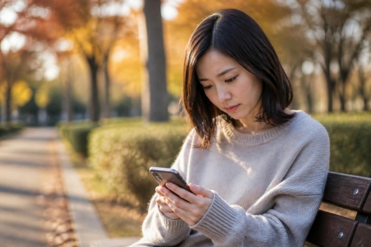 夕方の公園のベンチで、スマホを見つめて返信を迷う女性