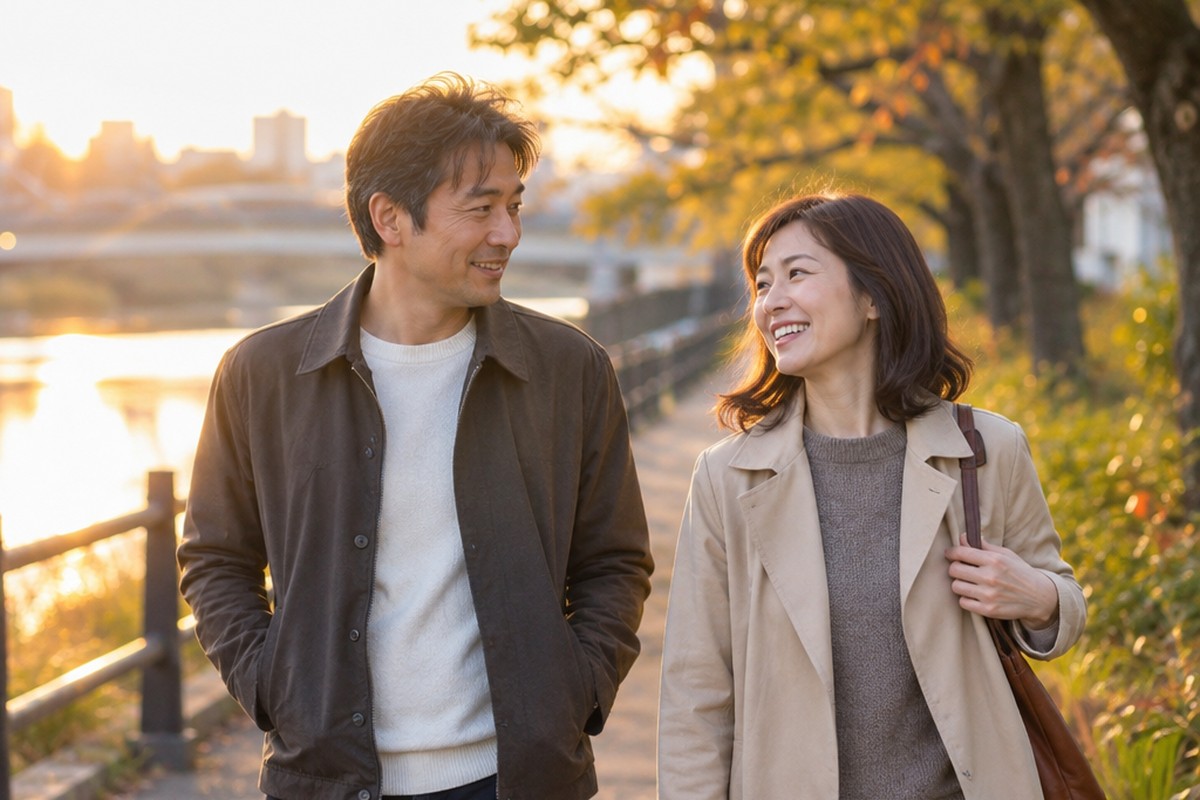 夕方の川沿いの道を、夫婦が並んで話しながら散歩している