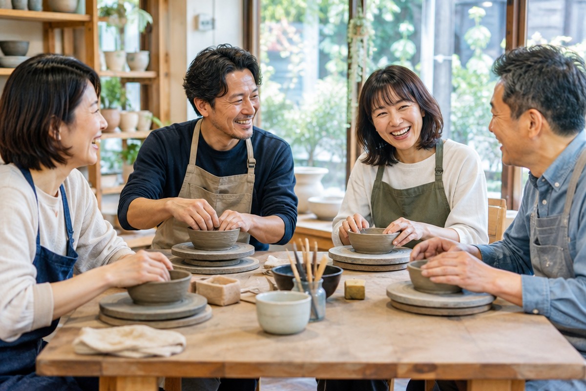 陶芸教室で、男女4人がテーブルを囲んで笑いながら器をつくっている