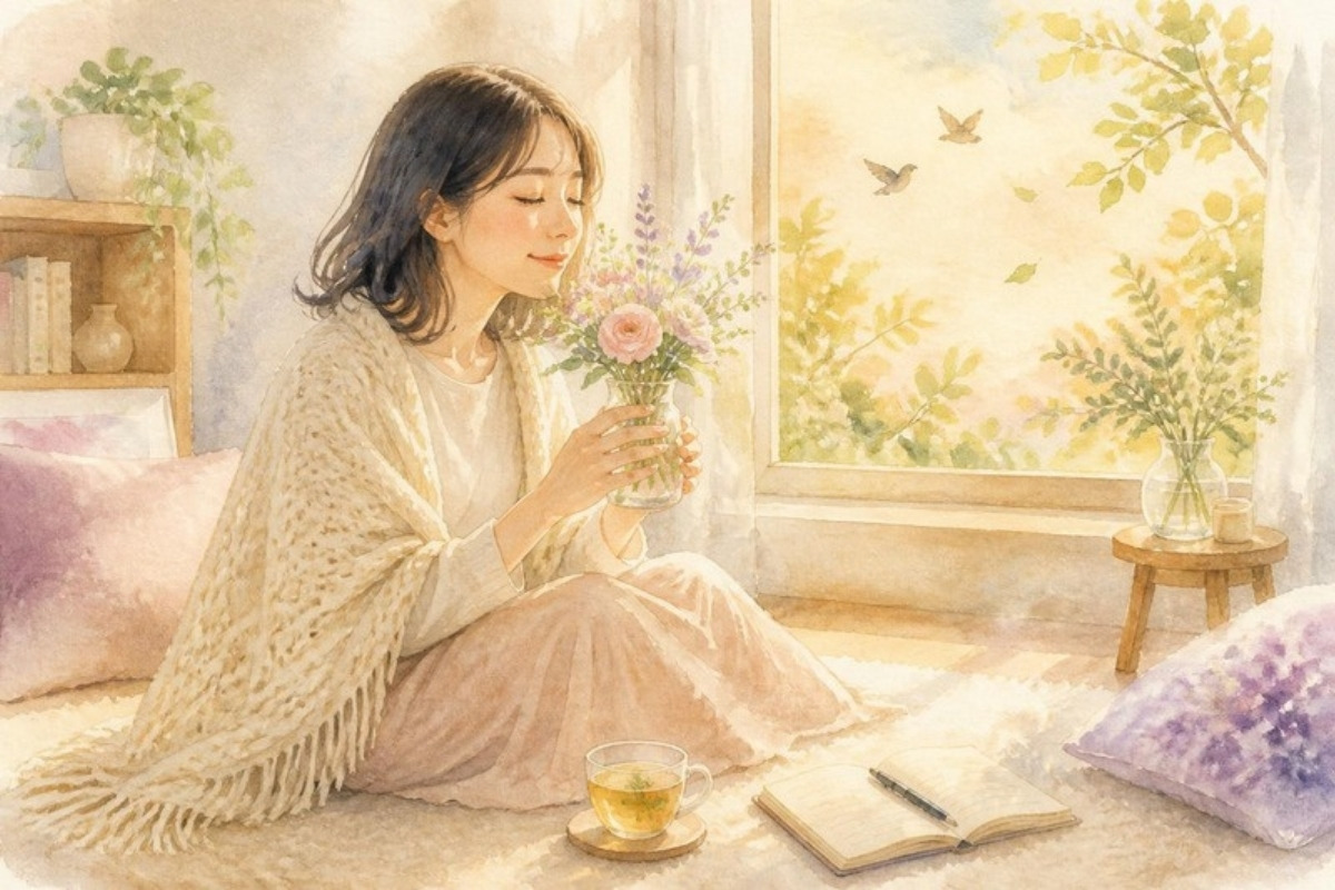 窓辺でひざ掛けを肩にかけ、花の香りをかいで心を休める女性の水彩イラスト