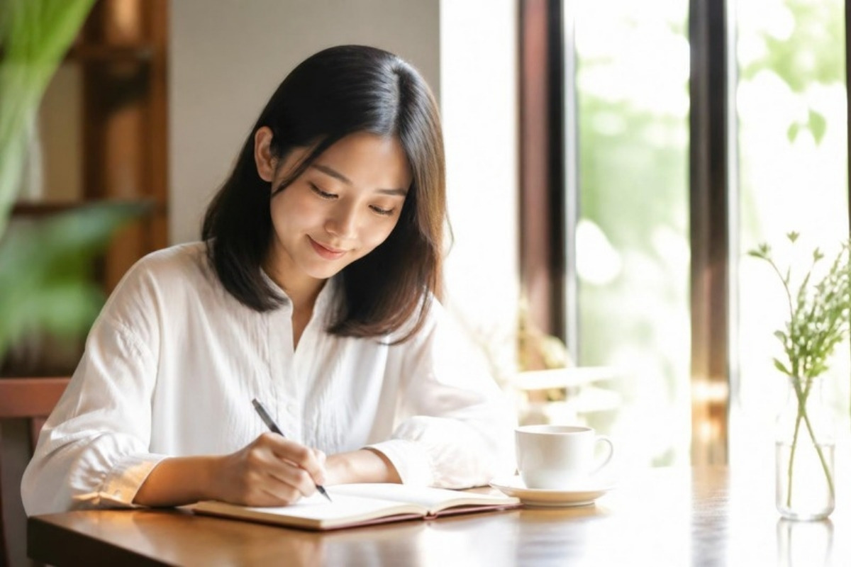 朝の光の入るカフェで、ノートに気持ちを書き出す女性