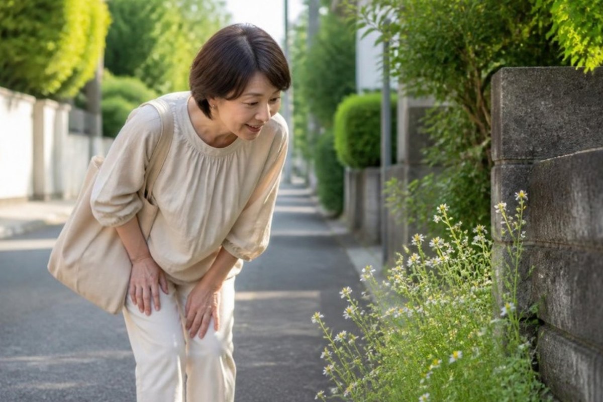 朝の散歩道で、道ばたに咲く小さな花に気づいて足を止める女性