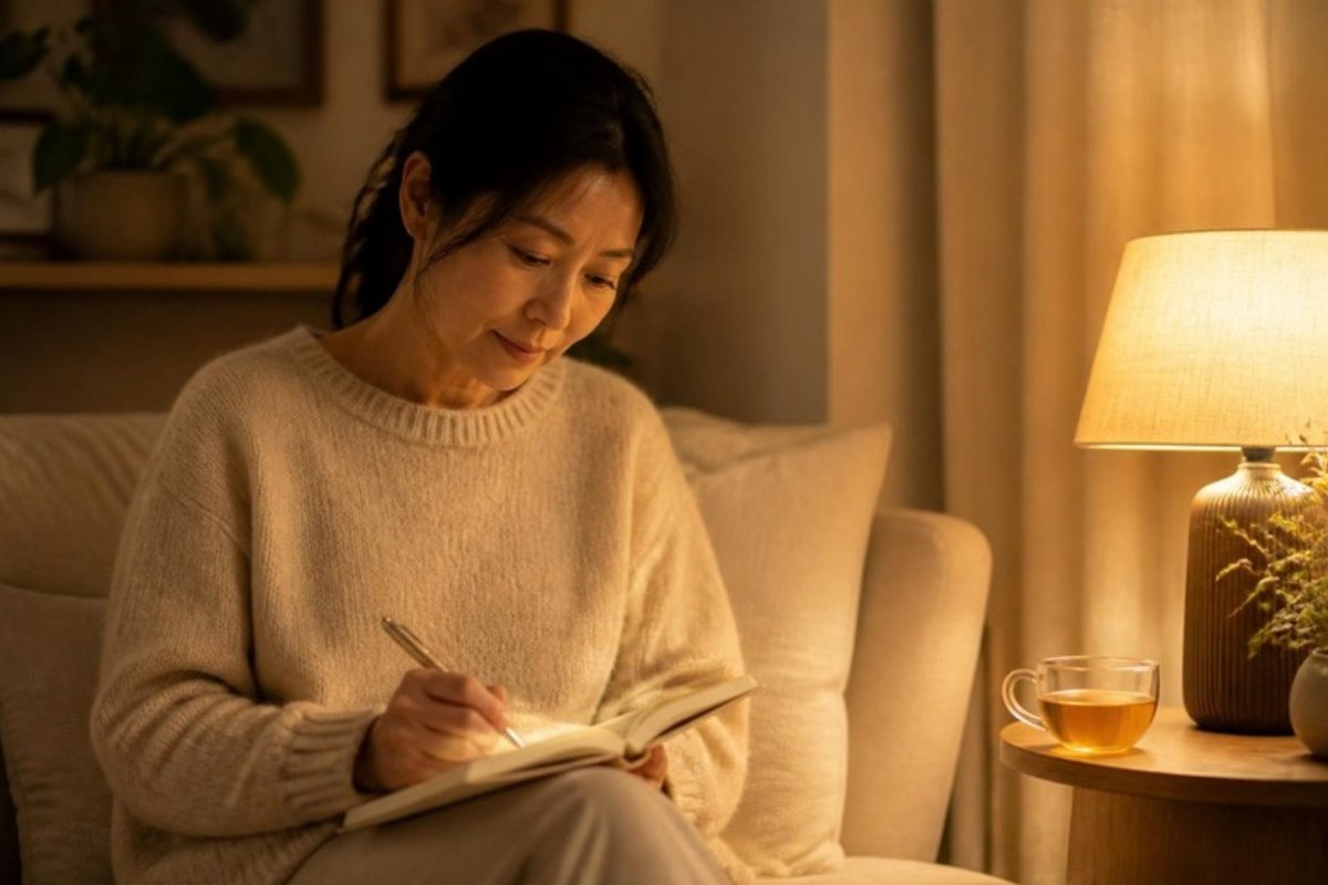 夜、ソファでノートにその日の気づきを書き留める女性