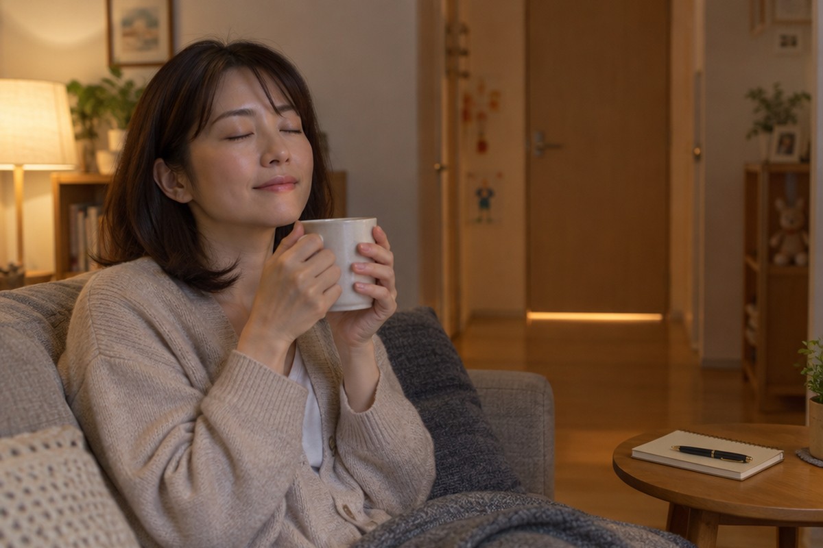 夜、ソファで温かいお茶を両手で持ち、目を閉じてひと息つく30代の母親