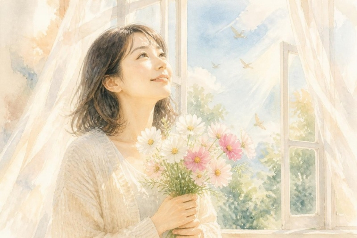 窓辺でコスモスの花束を胸に抱き、明るい空を見上げて微笑む女性の水彩イラスト