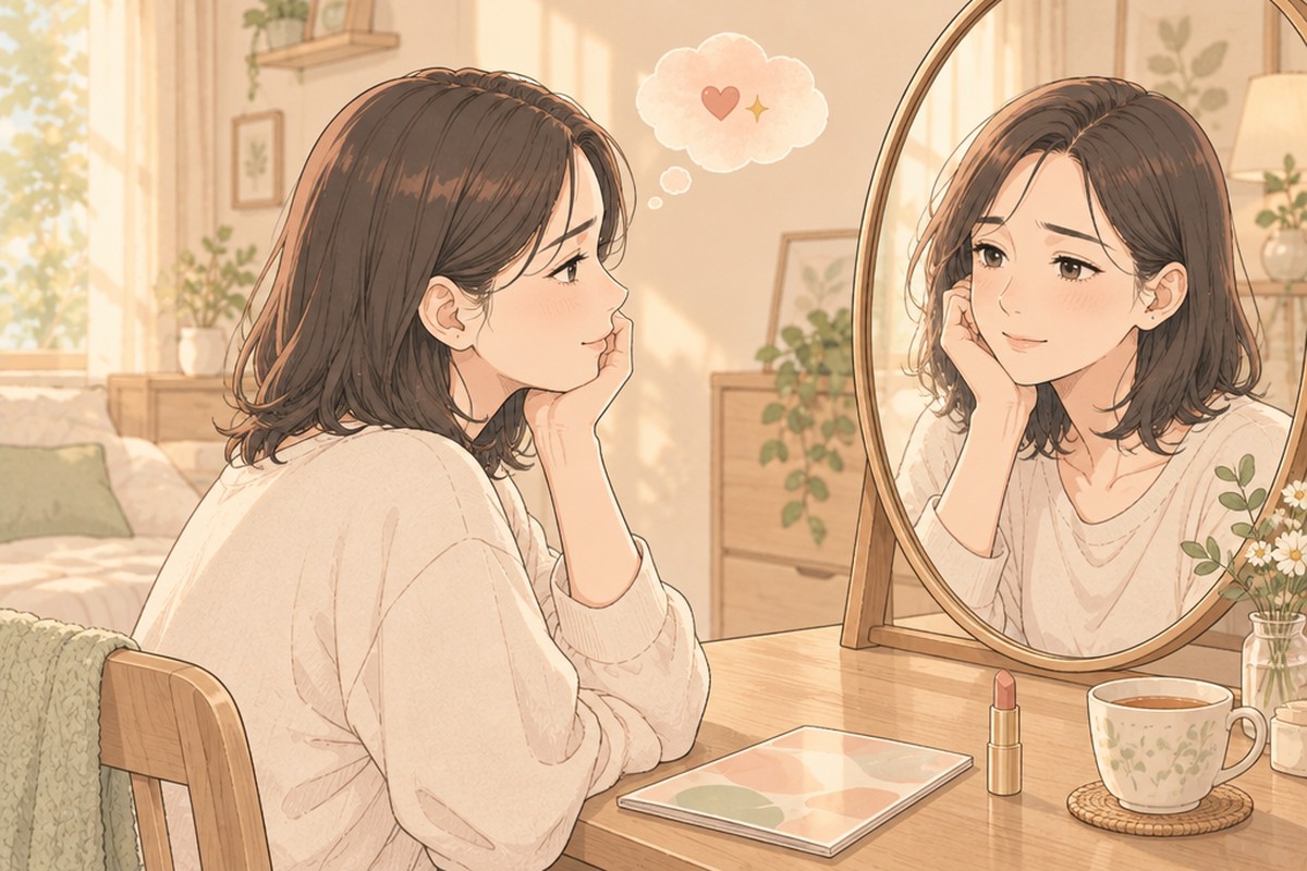 鏡の前で頬杖をつき、顔を変えれば幸せになれるのか考える女性の漫画風イラスト