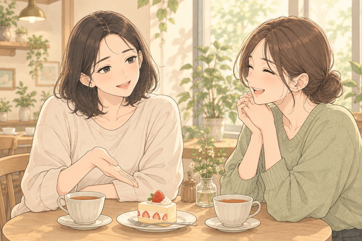カフェで友だちとの会話を、にこやかに別の話題へ切りかえる女性の漫画風イラスト