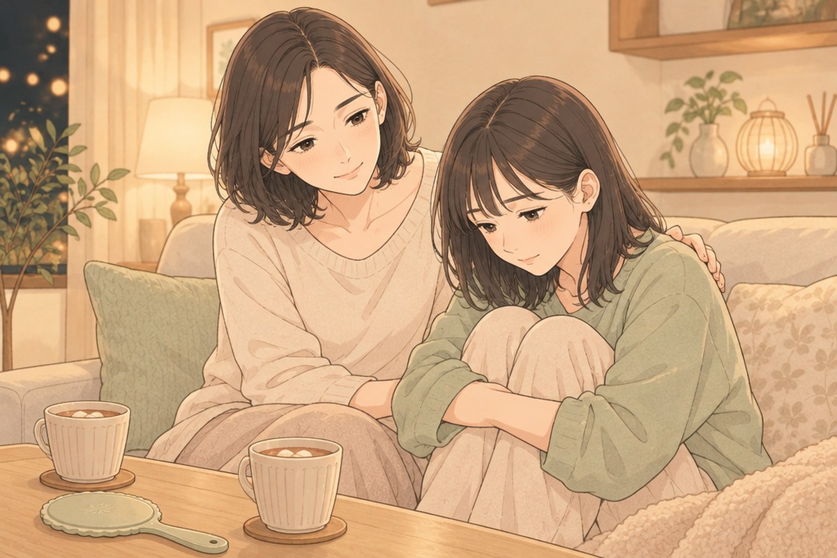 膝を抱える娘のそばで、背中に手を添えて話を聞く母親の漫画風イラスト