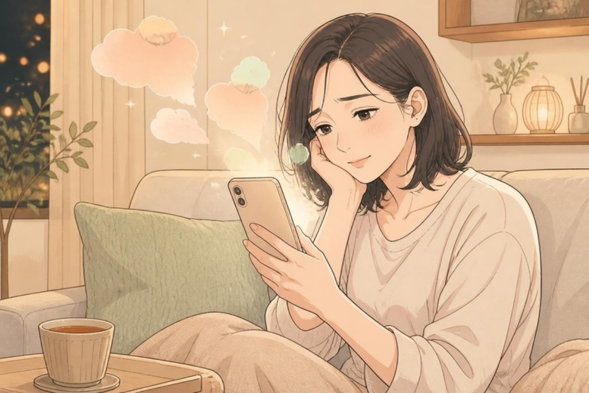ソファでスマホを見ながら小さくため息をつく女性の漫画風イラスト