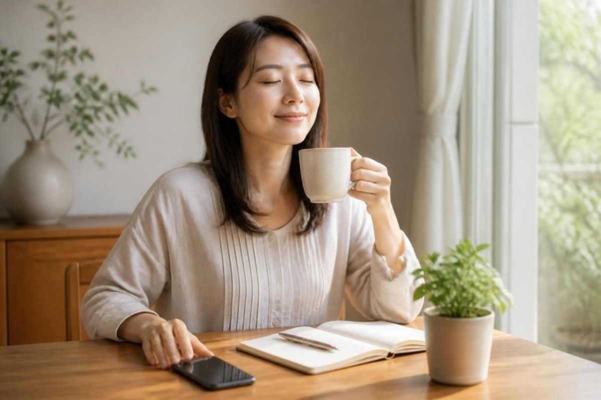 スマホを伏せてテーブルに置き、ハーブティーを手に目を閉じてひと息つく30代の女性