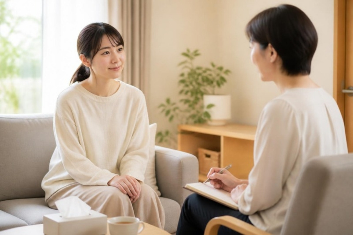 落ち着いた相談室で、カウンセラーに話を聞いてもらう30代の女性