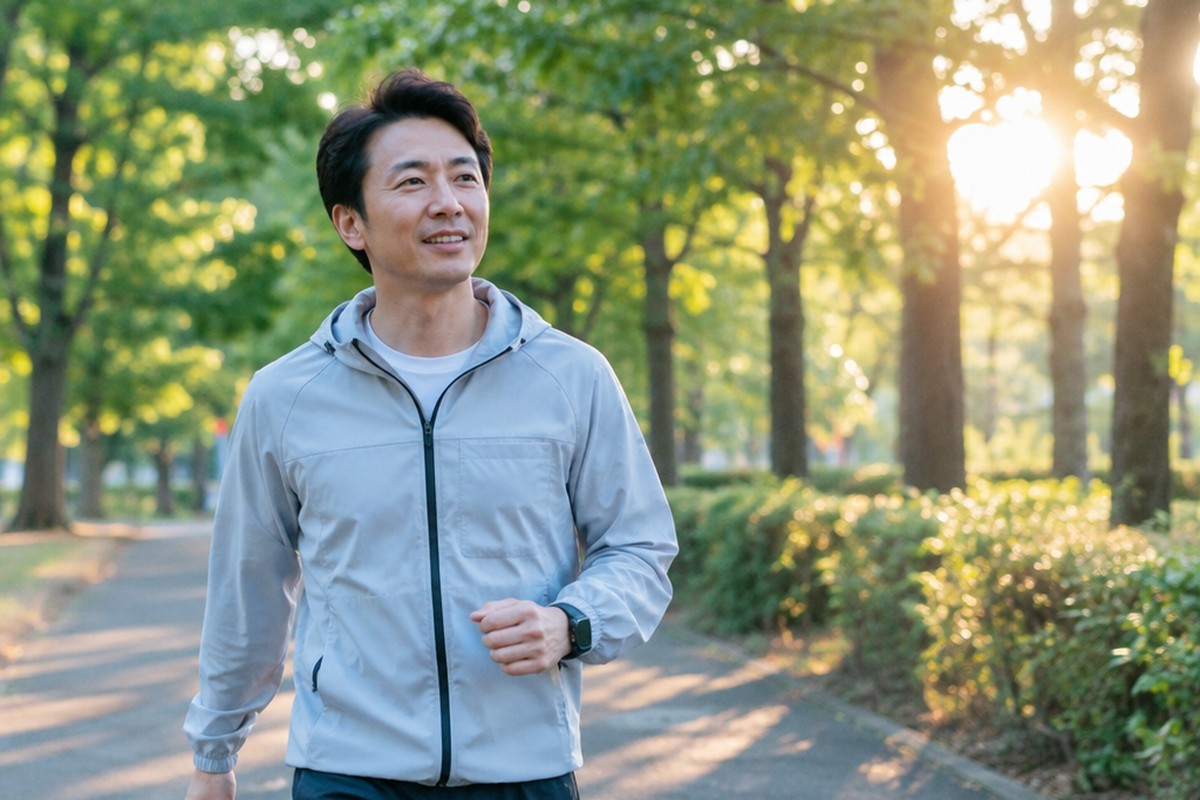 朝の並木道を、すっきりした表情で歩く男性