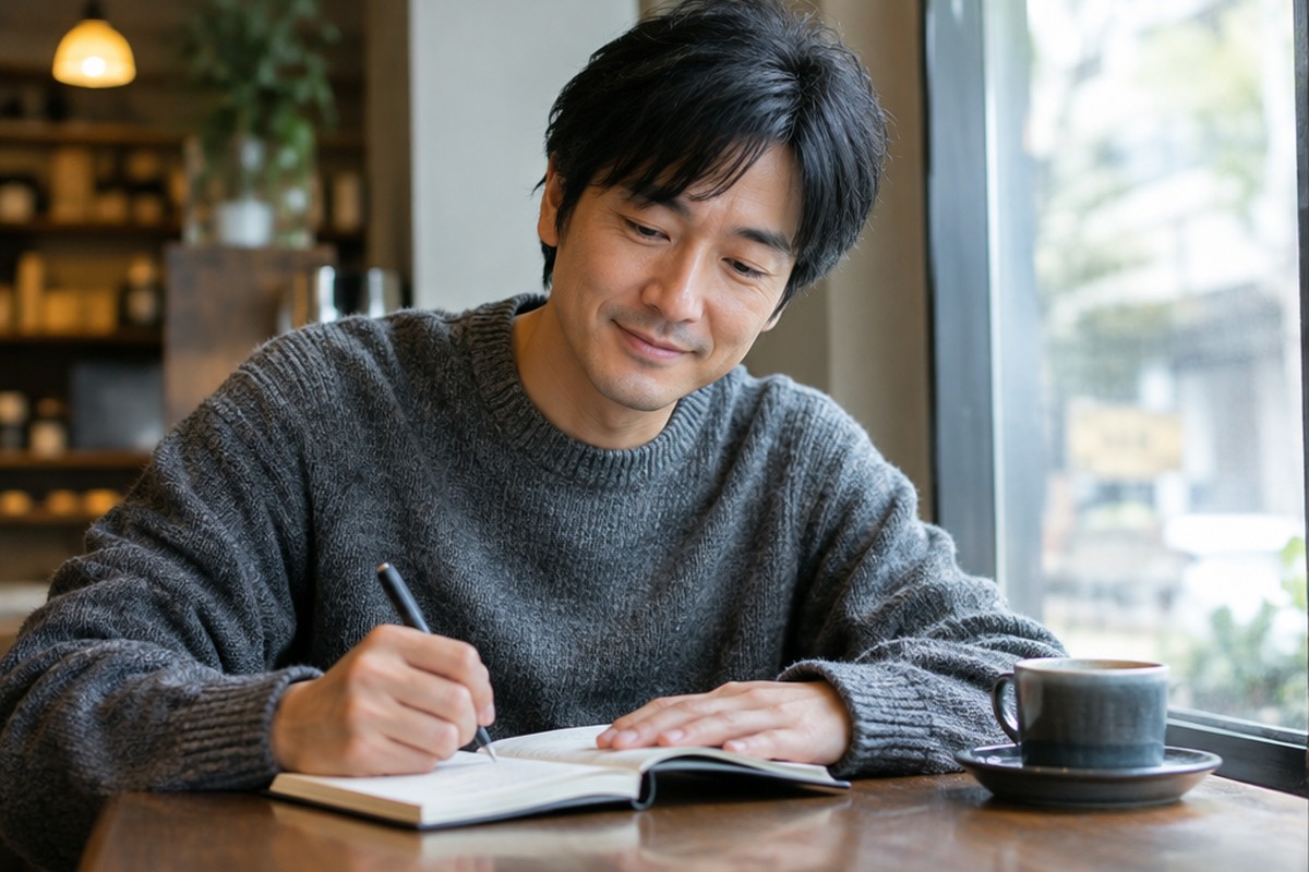 カフェの窓辺で、コーヒーを横にノートに書き出す男性